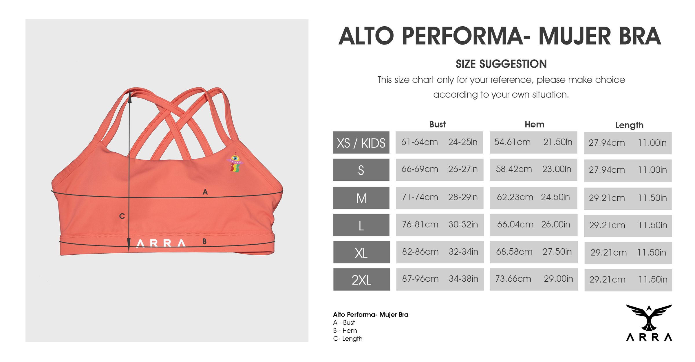 Alto Performa Bra (Mujer) Size Guide